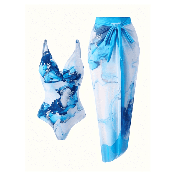 Women's Blue Gold Watercolor Print One-Piece Swimsuit with Mesh Cover-Up Skirt, Modest Tummy Control Swimwear for Summer Vacation, S-XL
