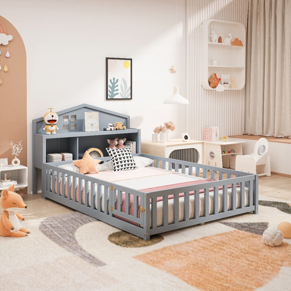 Solid Wood Floor Bed with Storage, Fun & Safe Design