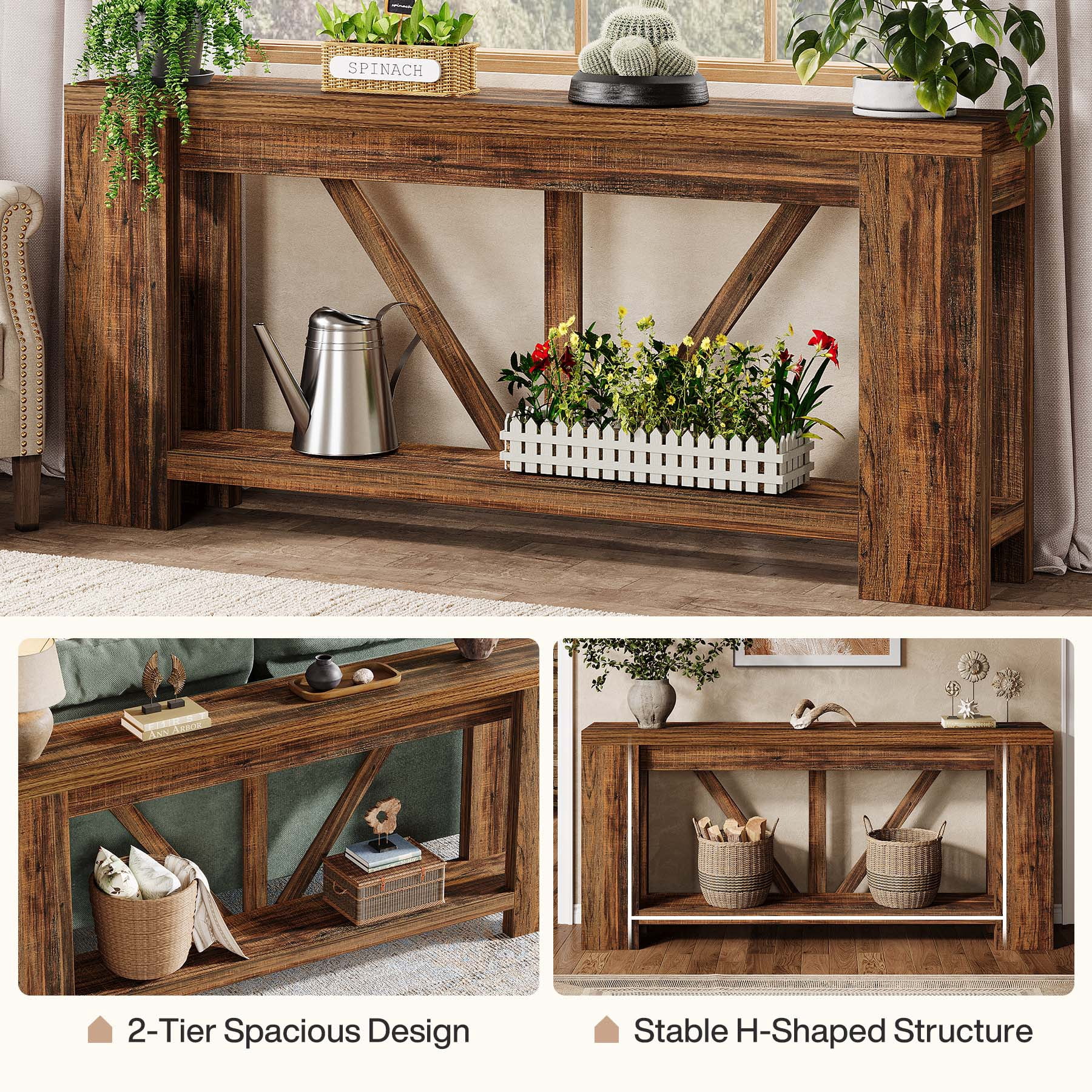 Fnova 70.9" Console Table, 2-Tier Farmhouse Entryway Table, Narrow Long Wood Sofa Table Behind Couch with V-Shaped Support for Living Room, Hallway, Foyer