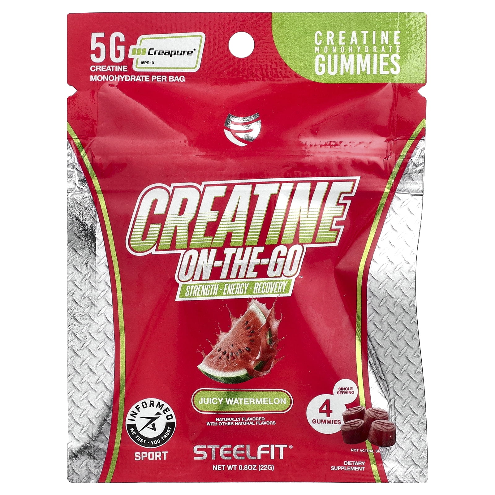 SteelFit Creatine On-The-Go™, Creatine Monohydrate Gummies, Juicy Watermelon, 12 Packs, 0.8 oz (22 g) Each