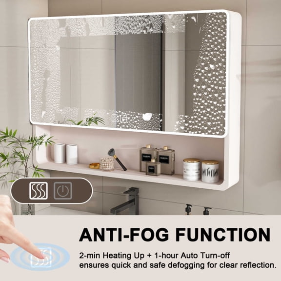 Aluminium Mirror, 35 x 28 Inches Medicine 3 Colors LED Light Defogging Function, Bathroom Mirror Cabinet with Cosmetic Storage Rack and Hair Dryer Holder, khaki