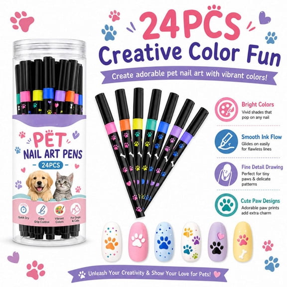 Pet Nail Art Pens for Dogs Cats 24Pc Set Grooming Supplies for Small Dogs and Cats, 2.5X7.1 In, Pet Nail Decoration Tools for at Home Grooming
