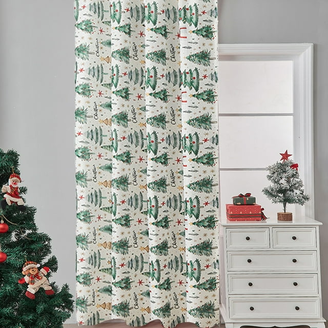 Decoraciones navideñas, adornos navideños, regalos navideños. 1 cortina navideña verde con varillas. Cortinas navideñas con estampado navideño. Cortinas festivas.