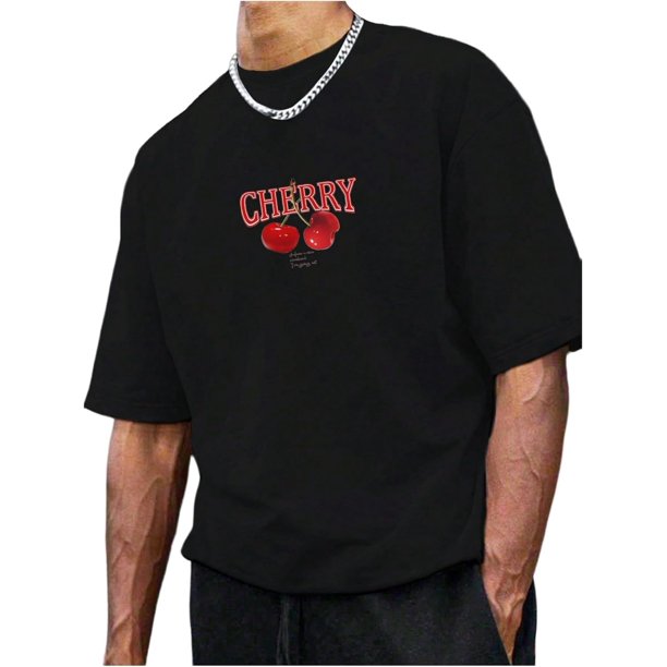 Camisetas gráficas para hombre, con estampado de cerezas, de manga corta y cuello redondo, camisetas holgadas de verano a la moda