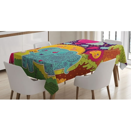 

Elephant Tablecloth Cartoon Boy in the Forest with Smiling Sun and Flower Animal with Ethnic Motifs Rectangular Table Cover for Dining Room Kitchen 52 X 70 Inches Multicolor by Ambesonne