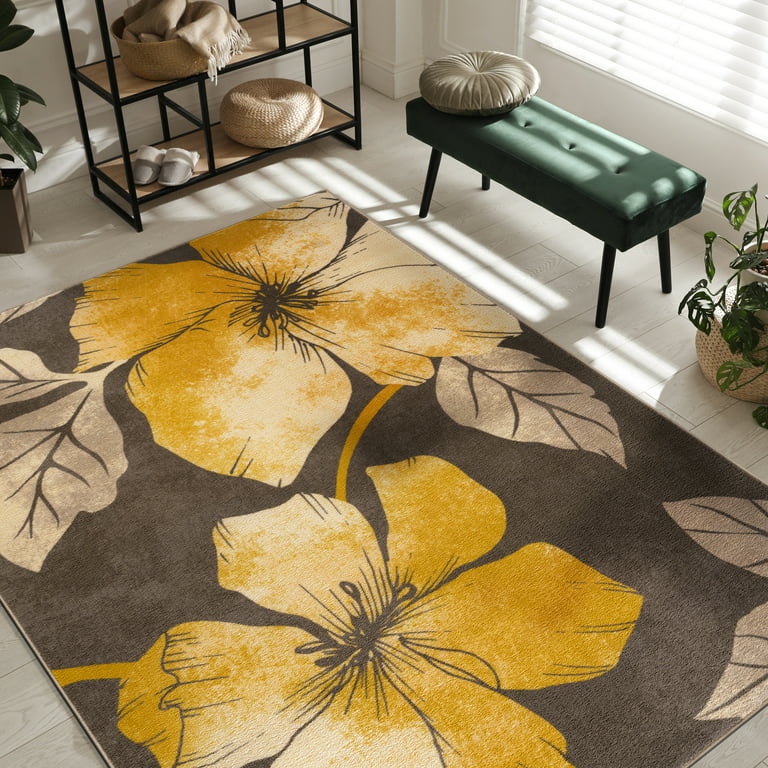 CAMILSON Solana Modern Floral 2'x3' Area Rugs Non-Skid (Non-Slip) Rubber  Backing Black - Gray Flowers Indoor Rug (2x3, Black Grey)