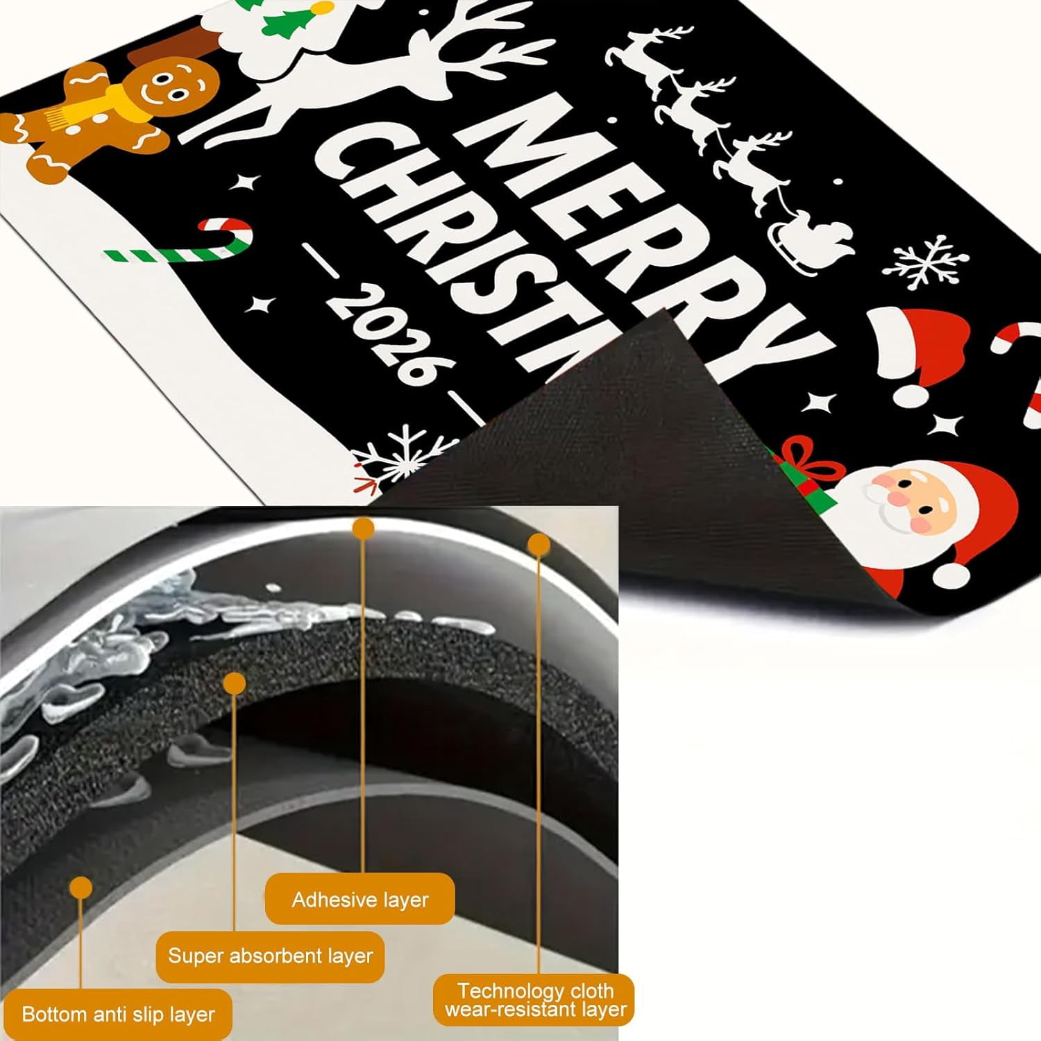 Merry Christmas Stove Top Cover 28x20 Inch Black Background Santa Claus Reindeer Gingerbread Man Silicone Glass Top Protector Kitchen Counter Mat Holiday Decoration