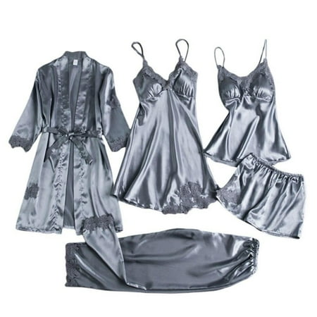 

CUTELOVE Spring Women V-Neck Sleepwear Simple Solid Color Flower Printed Five Pieces Of Pajamas Nightwear