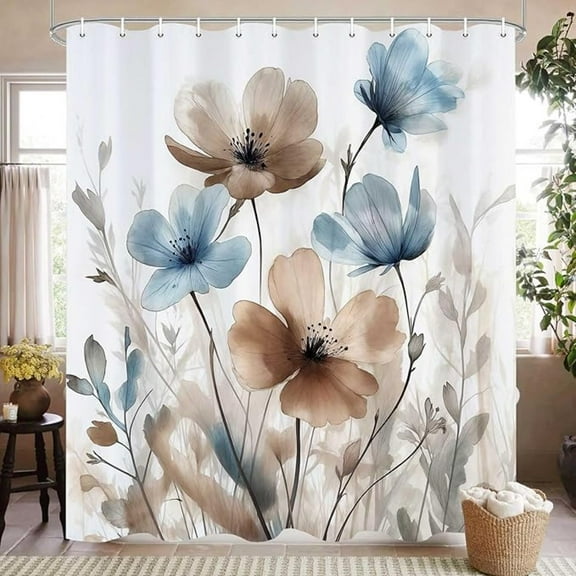 Watercolor Floral Shower Curtain Rustic Farmhouse Flower Shower Curtains Set For Bathroom Decor Cream Tan Beige Blue Fabric Waterproof Set With Hooks 48"W x 72"L