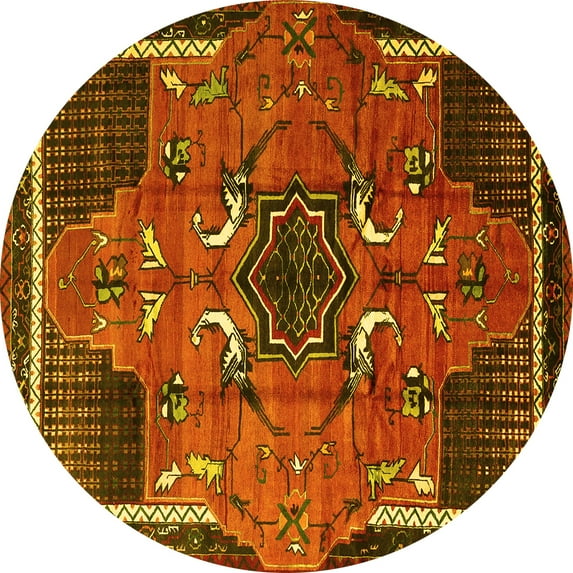 Ahgly Company Machine Washable Indoor Round Persian Yellow Traditional Area Rugs, 5' Round