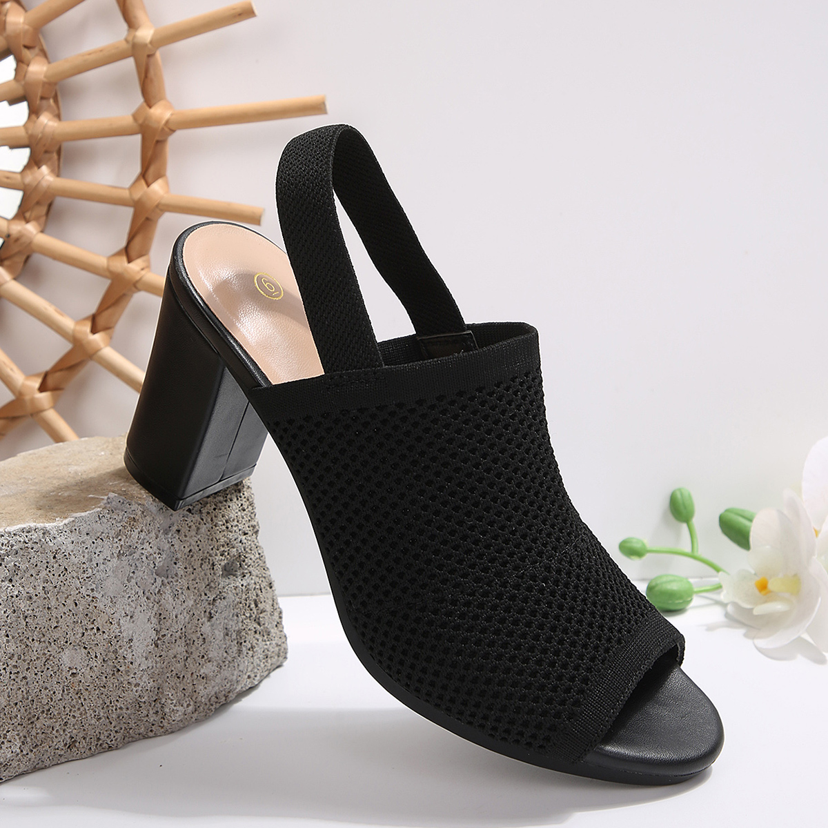 LuckLilac Women's Knit Block High Heel Slingback Sandals photo 7
