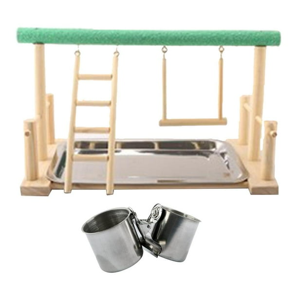 1 soporte de mesa para pájaros de loro, 2 tazas de acero para razas medianas y grandes Soporte esmerilado con tazas de 5 cm Sharpla Pájaros loro Playstand