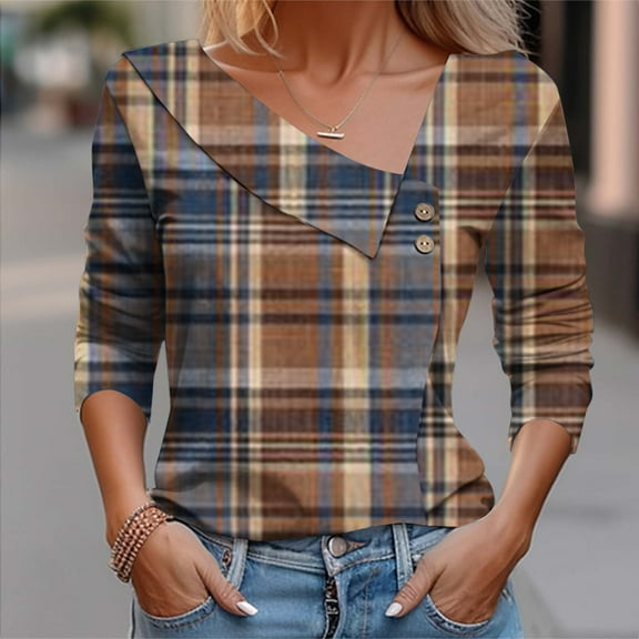 Homenesgenics Long Sleeve Shirts for Women V Neck Plus Size Women's Retro Printed Button Casual Top Womens Fall Clothing New Arrivals Multi-color L