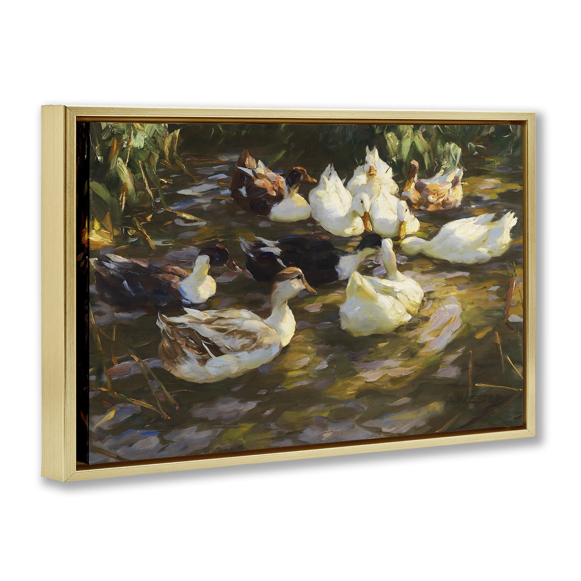 Stupell Industries Ducks in Flowing River Landscape Painting Gold Floater Framed Canvas Art Print Wall Art, 31 x 21