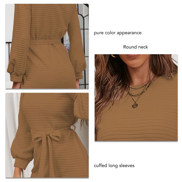 Vestido Con Cinturón Para Mujer, Vestido De Manga Larga Con Patrón De Gofres Para La Vida Diaria Para La Fecha