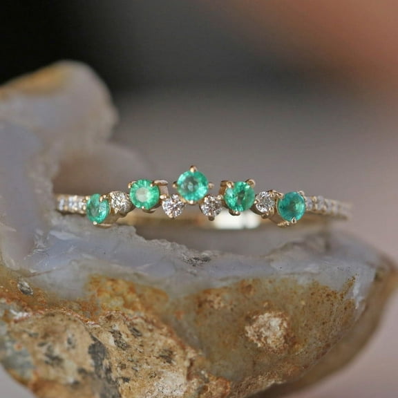 Round Emerald & Diamond Wave Ring, 925 Sterling Silver Ring, Stackable Band Ring, Lighweigh Ring, Daily Wear Jewelry May Birthstone Ring, Prong Setting.