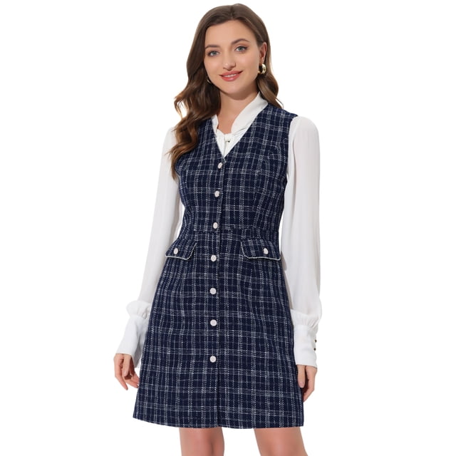Vestido sin mangas a cuadros de tweed vintage con bolsillos delanteros y botones con cuello en V para mujer Azul oscuro XL