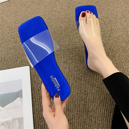 

〖Yilirongyumm〗 Blue 37 Slippers For Women Fashion Spring And Summer Thick Heel Women Sandals Midlle Heel Rhinestone Hollow Buckle Casual Style