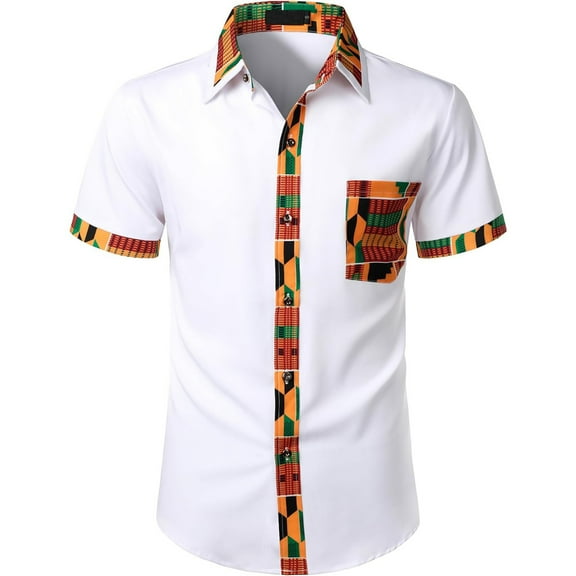 Lycaql Shirts for Men Men's Short Sleeve Printed Patchwork Design Button Up Shirt(White,XL)