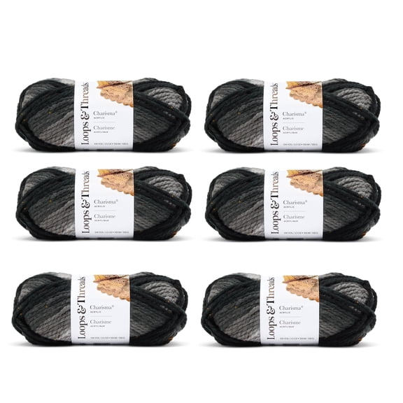 Loops & Threads Charisma Tweed Stripe Yarn - Multicolor Yarn for Knitting, Crochet, Weaving, Arts & Crafts - Charcoal, Bulk 6 Pack