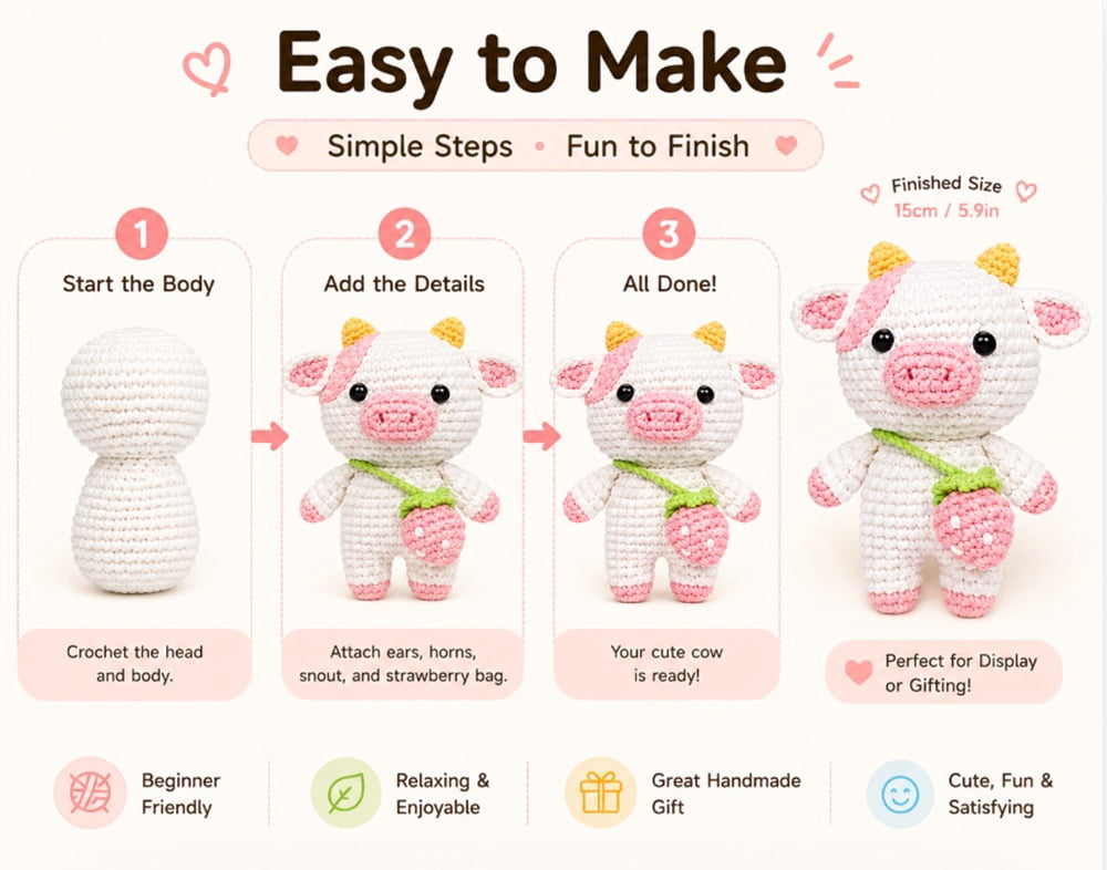 Strawberry Pig Crochet Kit for Beginners, Pig Amigurumi Starter Set with Step by Step Video Tutorials, TIKA