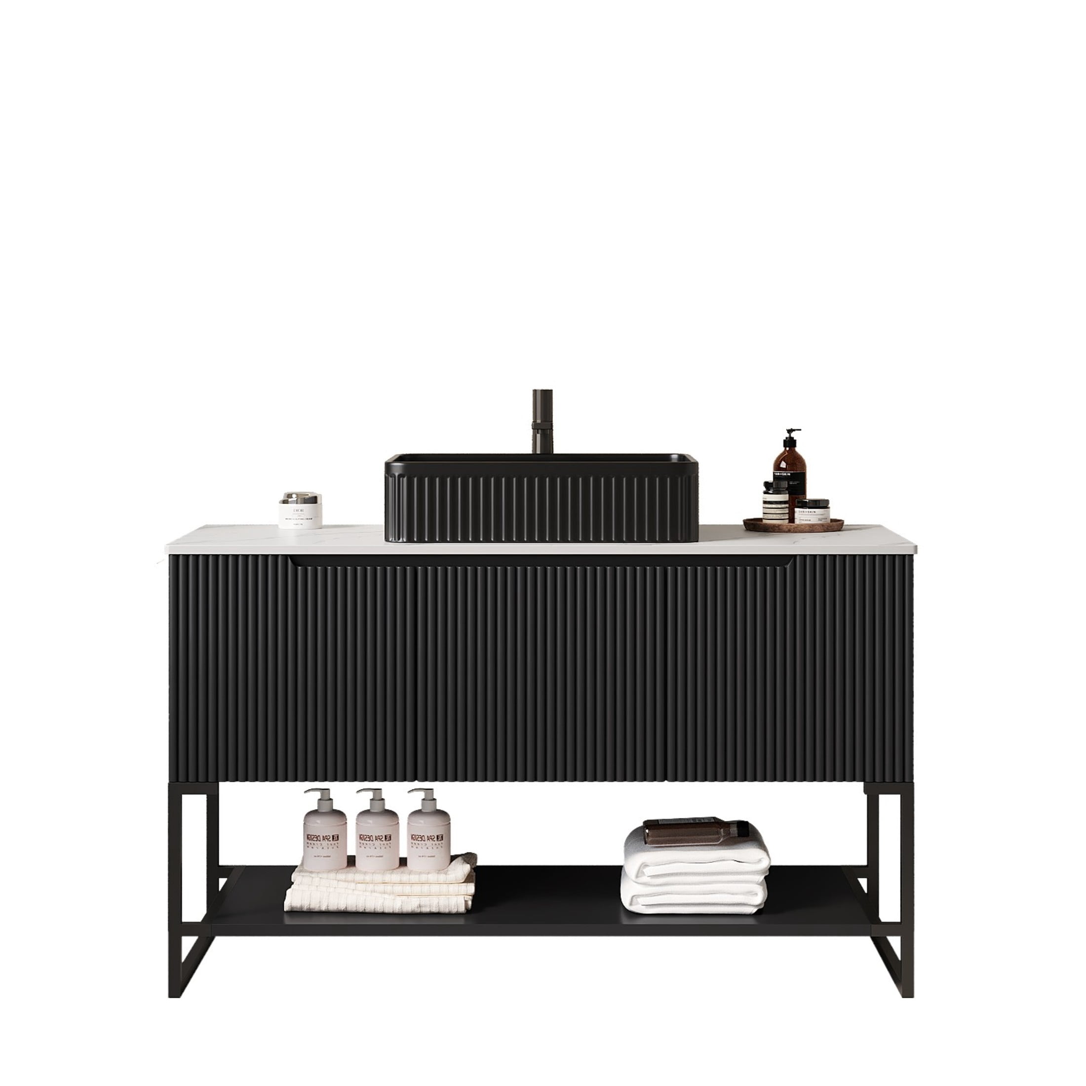 Noble House Tulio 48" Freestanding Bathroom Vanity with Sintered Stone Countertop, Black Rectangle Ceramic Basin, Black