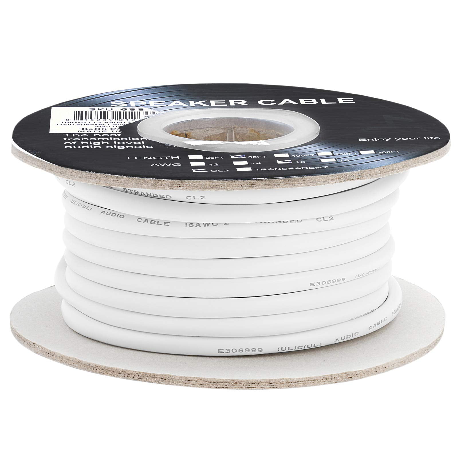 Cmple - 50FT 16AWG Speaker Wire Cable with 2 Conductor Speaker Cable (CCA) Copper Clad Aluminum CL2 Rated In-Wall Speaker Wire for Home Theater & Car Audio - 50 Feet, White