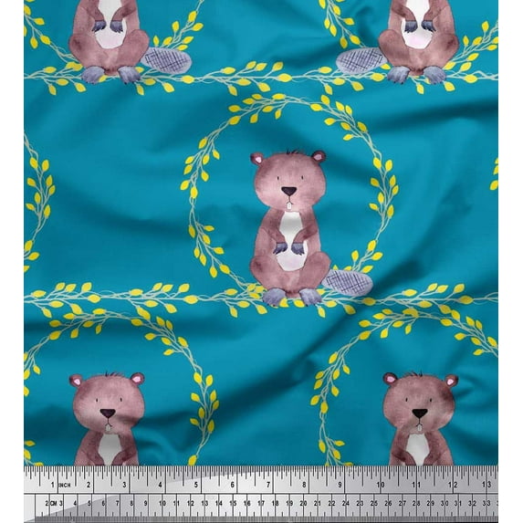 Soimoi Silk Fabric Wreath & Bear Animal Fabric Prints by Yard 42 Inch Wide