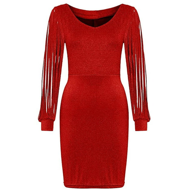 Pompotops Robe Aguichant à Manches Longues pour Femmes, Robes de Soirée Formelles, Col en V, Paillettes, pour Fête Ou Bureau