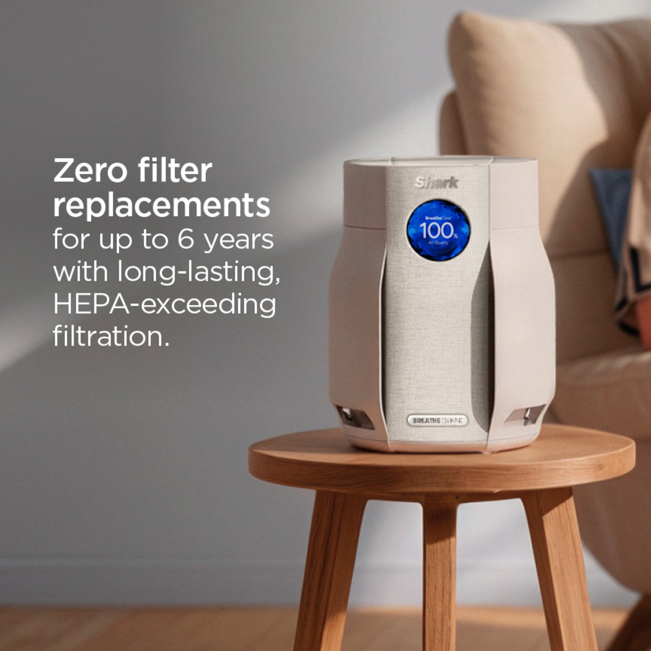 Shark BreatheClear Compact Pro with NeverChange 300 Sq Ft Intelligent Air Purifier, HEPA-Exceeding Filter, Zero Filter Changes For Up To 6 Years, HP062 Dove