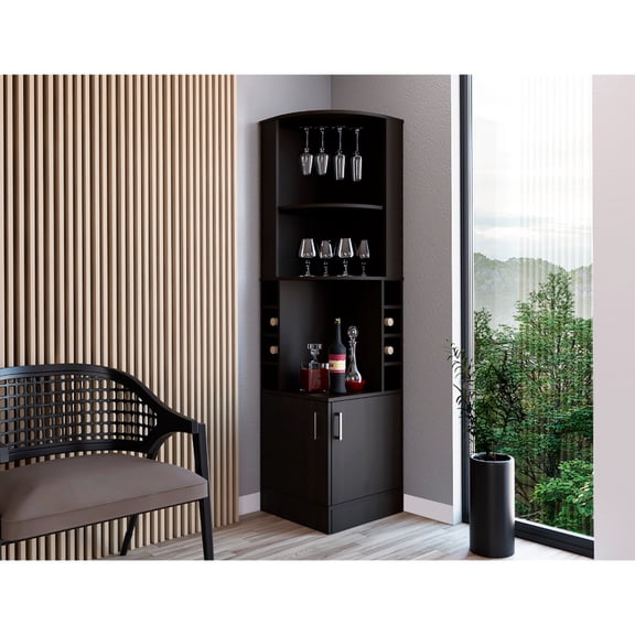 73.05 In. High Black Corner Cabinet With 8 Bottle , 1 Central Shelf, And 2 Side Doors 91.33 Lb Exterior , Shelves, A Lower Door