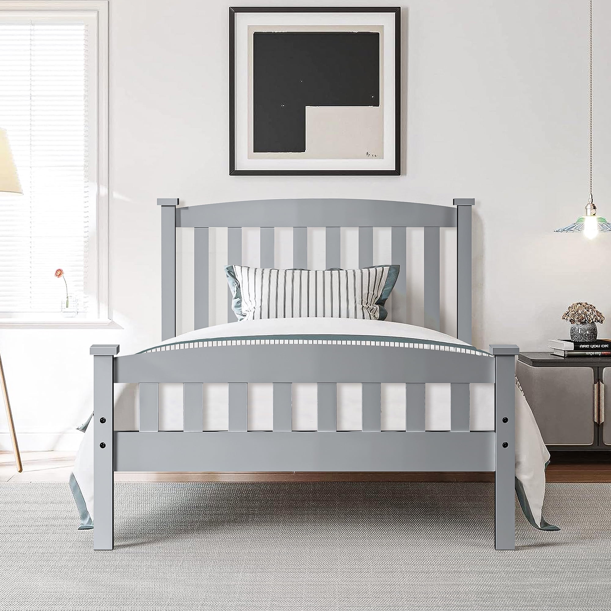 Spaco Twin Bed Frame with Headboard for Kids Adults, Wood Platform Bed Twin size, White Spaco Twin Bed Frame with Headboard for Kids Adults, Wood Platform Bed Twin size, White