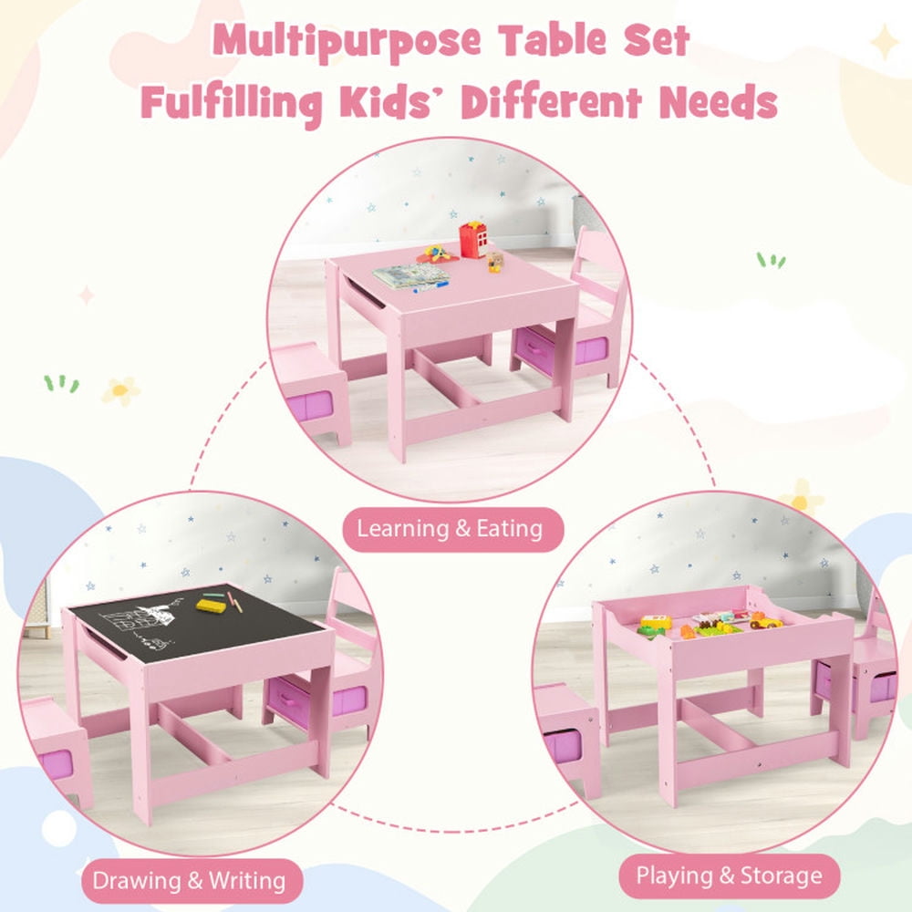 Kadyn Children Kids Table Chair Set,Children Playroom Table Chair Set,Kids Table Chairs Set With Storage Boxes Blackboard Whiteboard Drawing-Pink