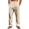 thumbnail image 5 of Hearthz Cotton Linen Pants Men Beach Summer Yoga Trousers Elastic Waist Drawstring Straight Legs Pants for Men Khaki L, 5 of 10
