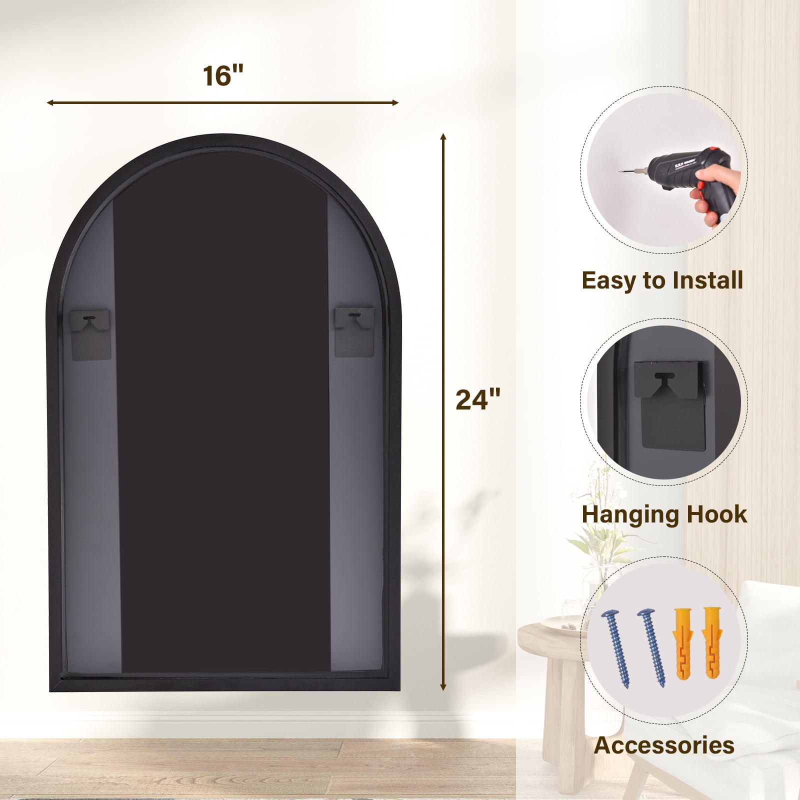 GRAHMY 24"x 16" Arched Bathroom Mirror Metal Frame Vanity Mirror Wall Mounted, Black