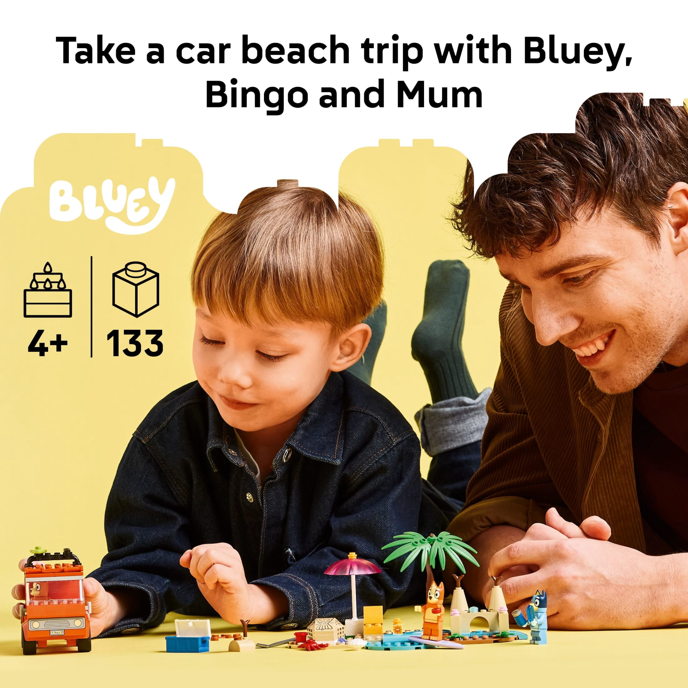 LEGO Bluey: Bluey’s Beach & Family Car Trip - Toddler Learning Toy for Kids 4+ - Includes Bluey, Bingo, and Mum Minifigures - Birthday Gift For Boys and Girls, Ages 4+ - 11202