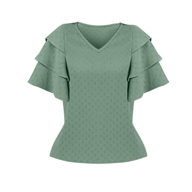 Gibobby Camiseta Powerblend con Cuello en V Tops manga corta para mujer Camisas manga con volantes verano Corte suelto Casual(GN1,XL)