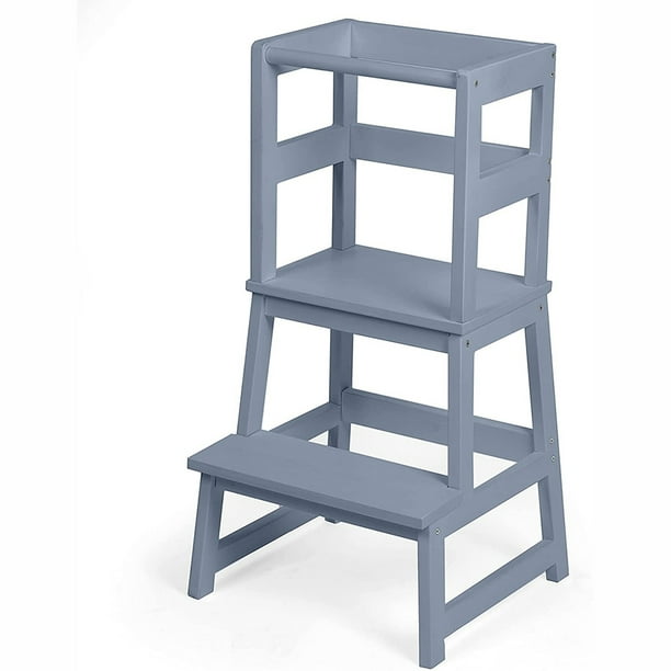 Children's Kitchen Stool Gray Wooden Stool Children's Standing Tower Kitchen Countertop