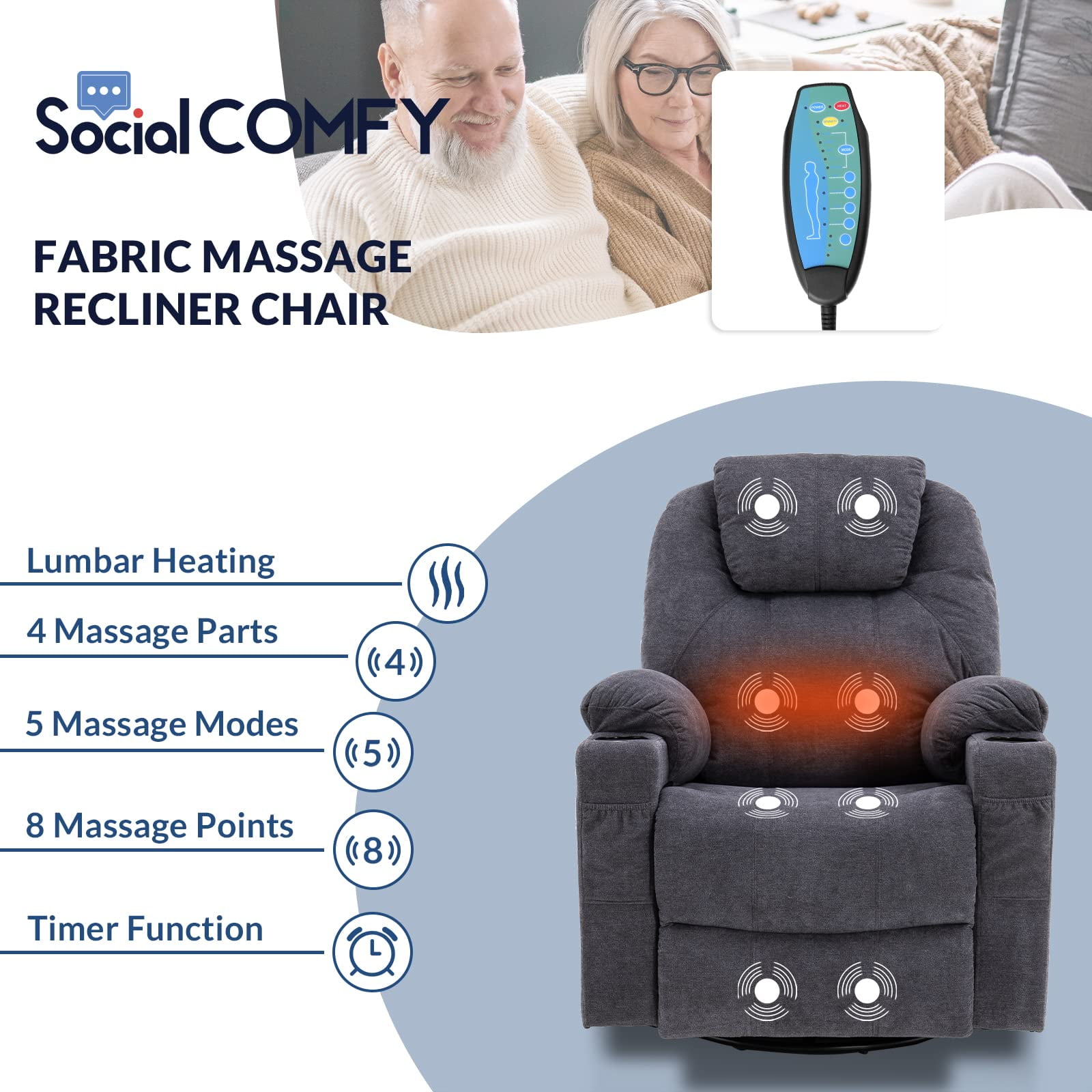 SOCIALCOMFY Manual Swivel Rocker Recliner Chair with Heat & Massage, Grey