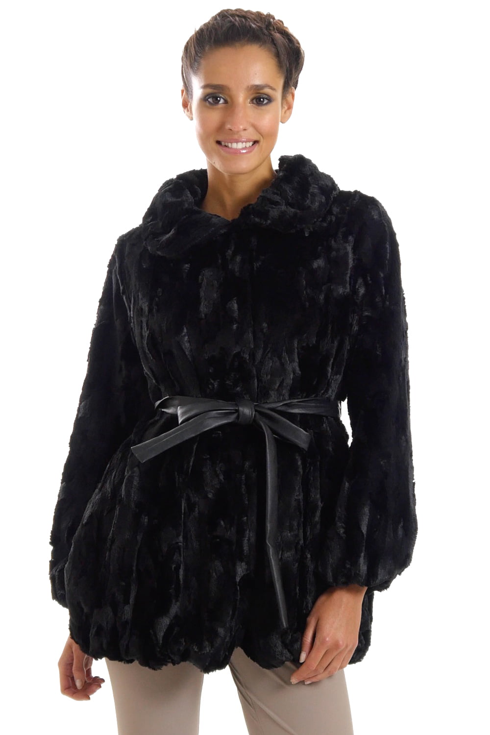 Allonly Womens Fashion Stand Collar Faux Fur Long Sleeves Warm Winter Long Black Coat with Belt