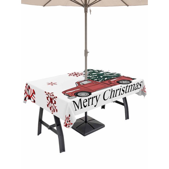 Outdoor Tablecloth with Umbrella Hole and Zipper, Christmas Tree Rectangle Table Cloth 60x120 Inch Waterproof Tablecloth, Red Truck Winter Snowflake Country Picnic Table Cover for Patio Camping