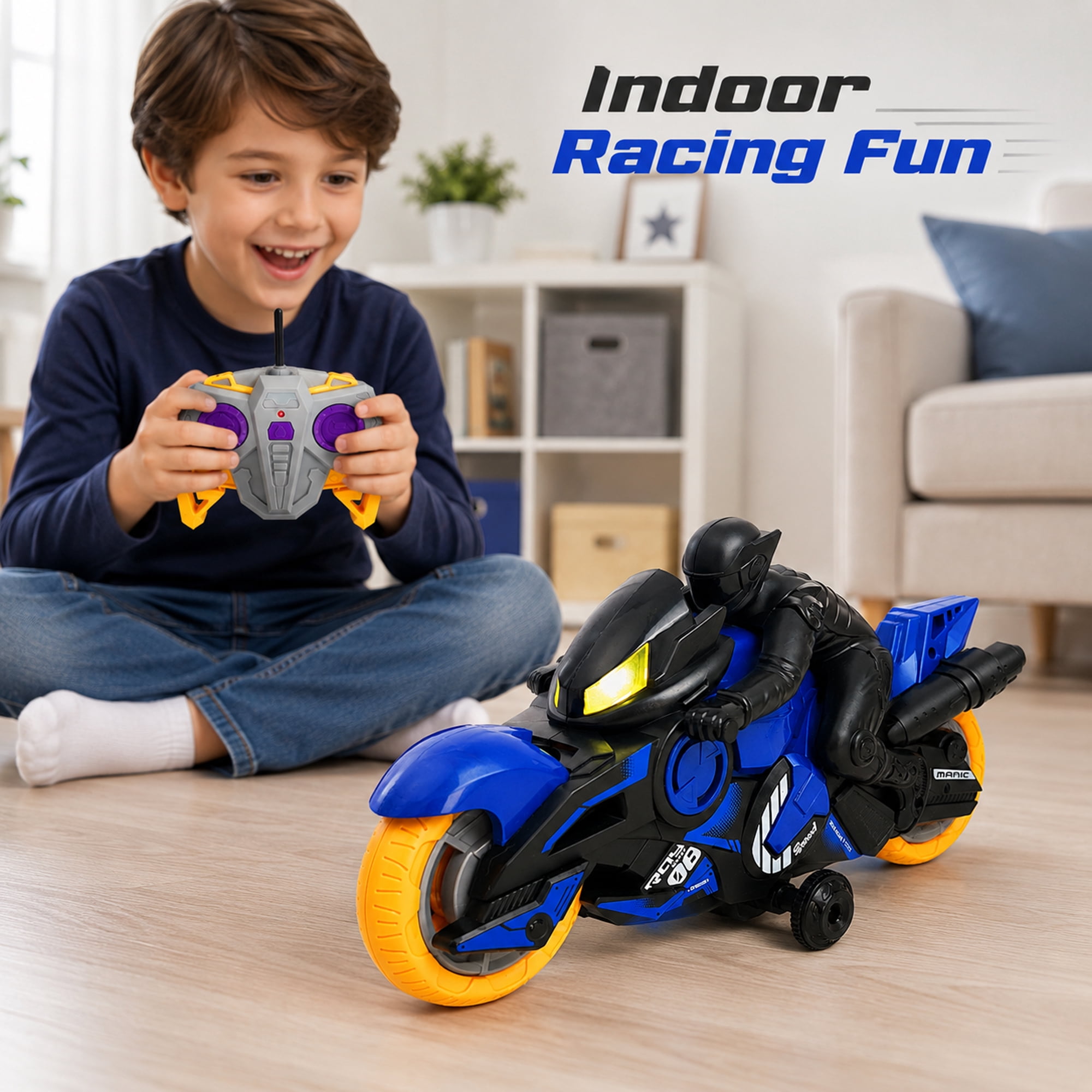 Stunt Motorcycle Toy with Remote Controller, 360° Spinning Motorbike with Side Drift Wheels, Indoor Racing Toy for Kids Ages 3+