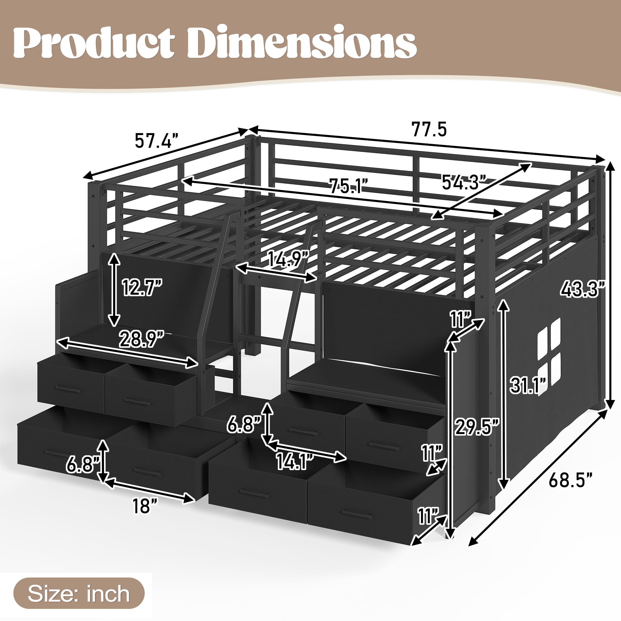 Leumius Full Size Loft Bed with Multi-storage Spaces,Metal Low Loft Bed with Storage Drawers, Shelves,LED Lights and Independent Spaces Under Bed,No Box Spring Needed,Black