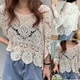 thumbnail image 4 of Women French Hollow Out Crochet Knit T-Shirts 3/4 Sleeve Crewneck Floral Lace Loose Blouse Beach Cover Up Tops, 4 of 8