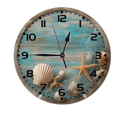 ZXCXRQFa Starfish Fishing Net Pretty Turquoise Wall Clock Battery Operated Non Ticking Silent Analog Rustic Farmhouse Round Clock PVC Decor for Home Kitchen Living Room Bathroom
