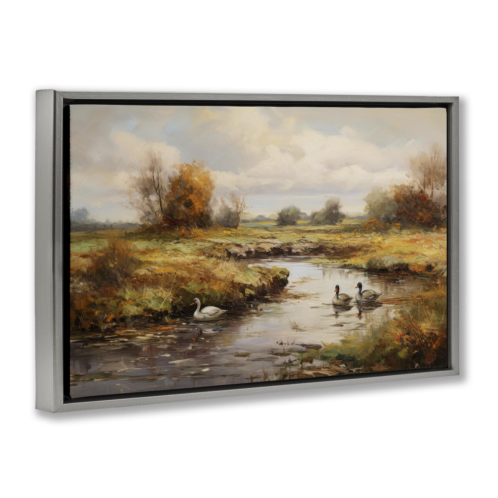 Stupell Industries Ducky Days Landscape Landscape & Nature Painting Gray Floater Framed Canvas Art Print Wall Art, 25 x 17