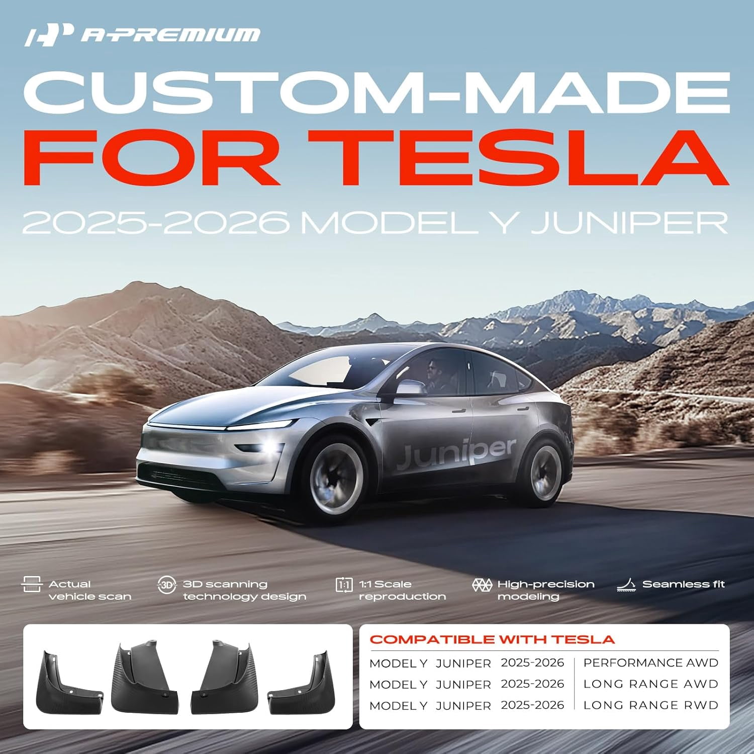 A-Premium Mud Flaps fits for Tesla New Model Y Juniper 2025 Accessories, No Drilling Required, Compatible with Model Y Juniper 2025 2026 Mudguards Thicker Version Guards, Front & Rear, (Set of 4)
