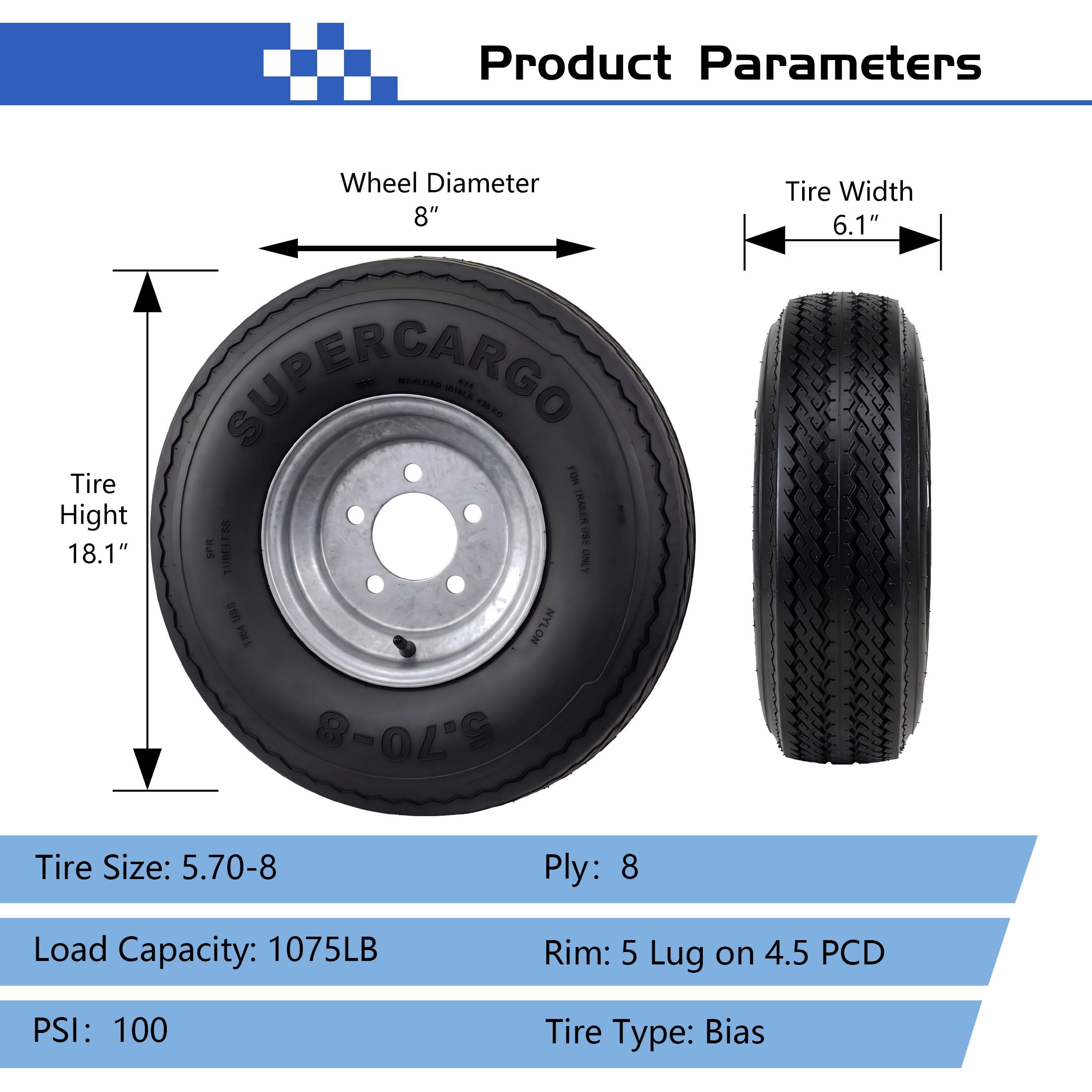 SUPER CARGO 2 Set SU02 5.70-8 8PR Boat Trailer Tire and 5-Lug Galvanized Wheel Assembly