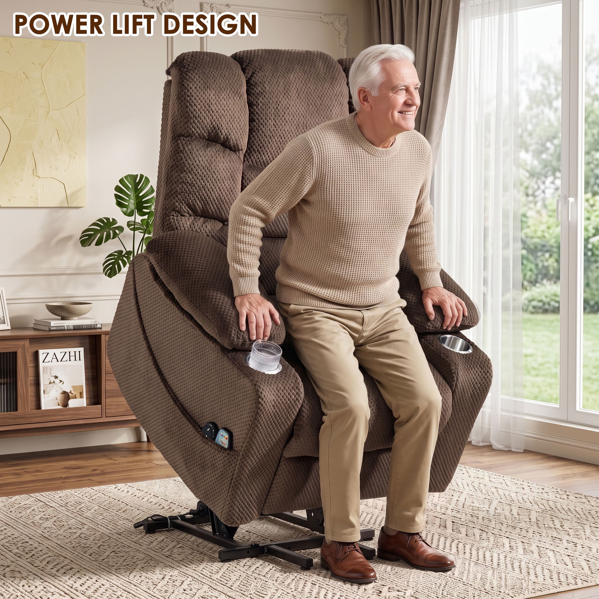 Anpport Ultra‑Wide Power Lift Recliner Chair, Velvet Rotating Electric Recliner with Massage Heating Function, Metal Cup Holder & Side Storage, for Living Room, Bedroom, Office, Brown