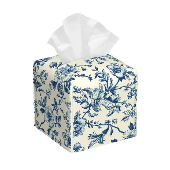 KLL Vintage Blue Floral Print Tissue Box Cover,Leather Tissue Holder Square Facial Tissue Case Facial Paper Organizer Dispenser for Bathroom, Vanity Countertop
